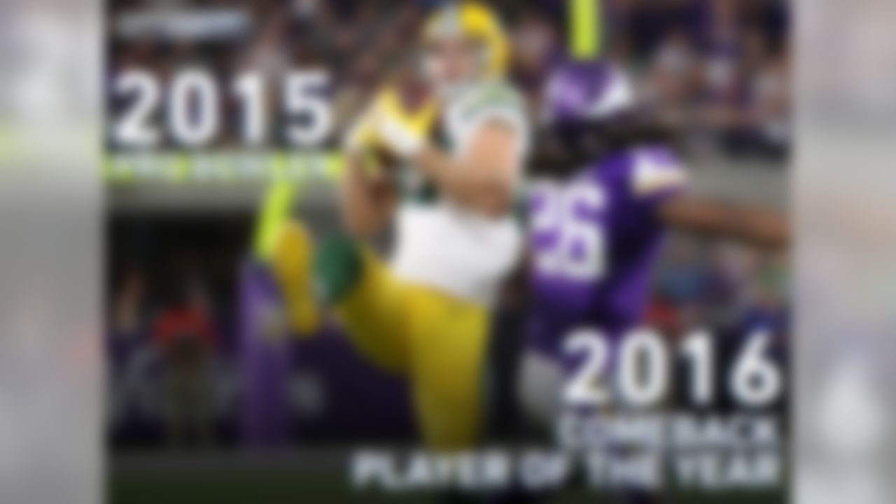 After a tremendous 2014 season which earned him a ticket to the 2015 Pro Bowl, Jordy Nelson tore his ACL during the 2015 preseason. He came back explosively during the 2016 season, earning him the Comeback Player of the Year award.