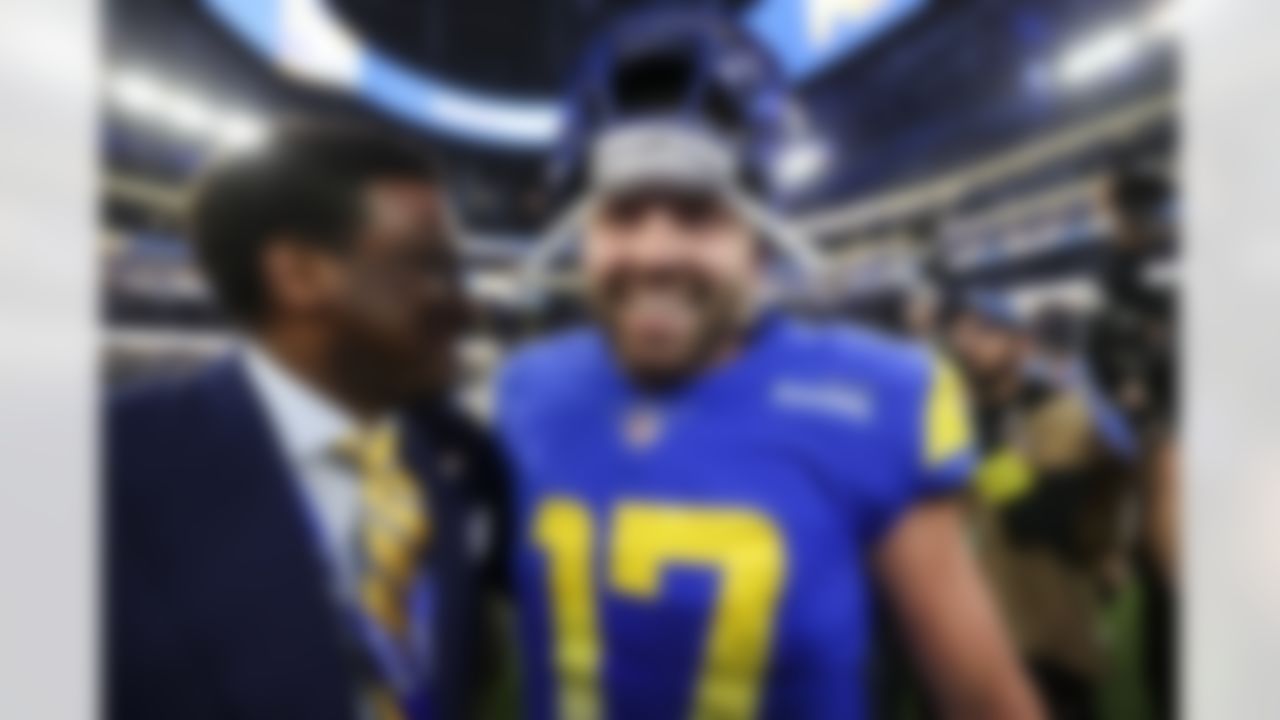 Los Angeles Rams quarterback Baker Mayfield (17) celebrates after an NFL football game against the Las Vegas Raiders on Thursday, December 8, 2022 in Inglewood, California.
