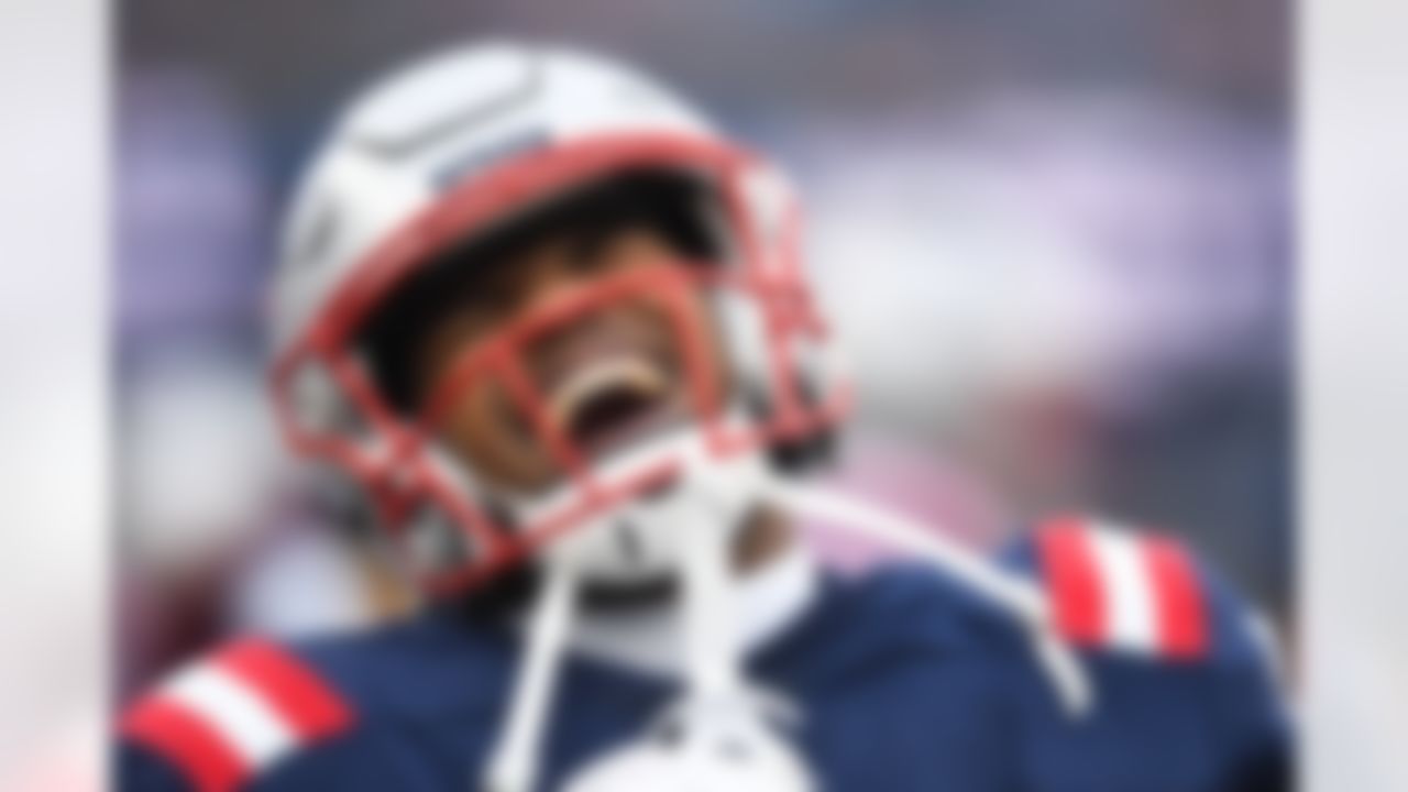 New England Patriots running back Damien Harris (37) smiles during an NFL football game against the Jacksonville Jaguars on Sunday, January 2, 2022 in Foxborough, Massachusetts.