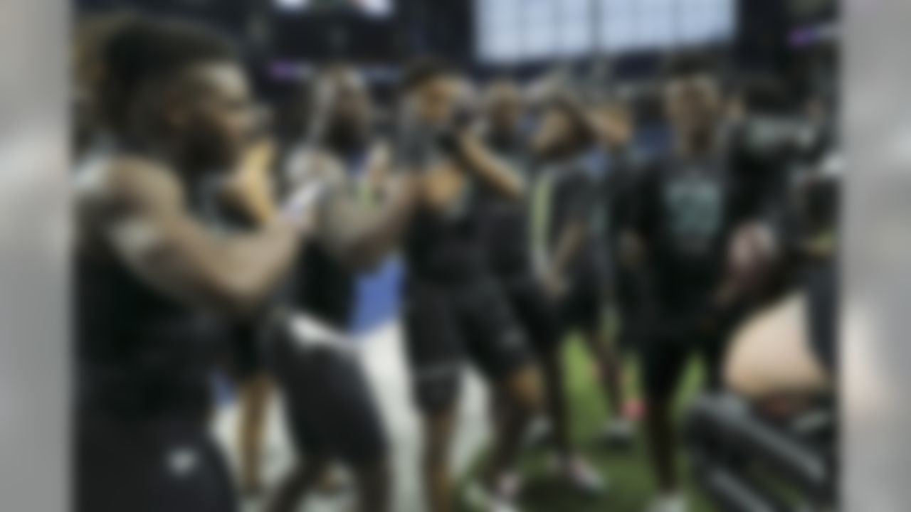 Defensive backs pose for a photo during the 2020 NFL Scouting Combine, Sunday, Mar. 1, 2020 in Indianapolis.