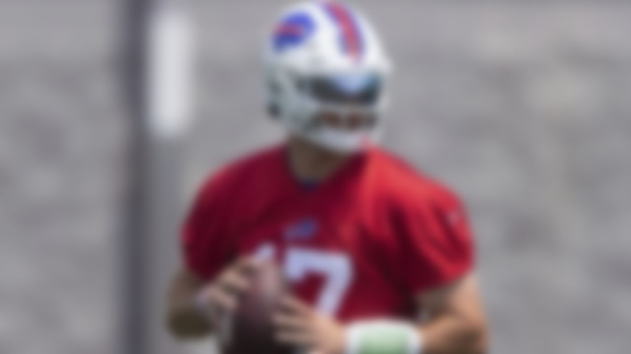Buffalo Bills quarterback Josh Allen (17) looks to pass during NFL football practice Tuesday, May 25, 2021, in Buffalo, N.Y.