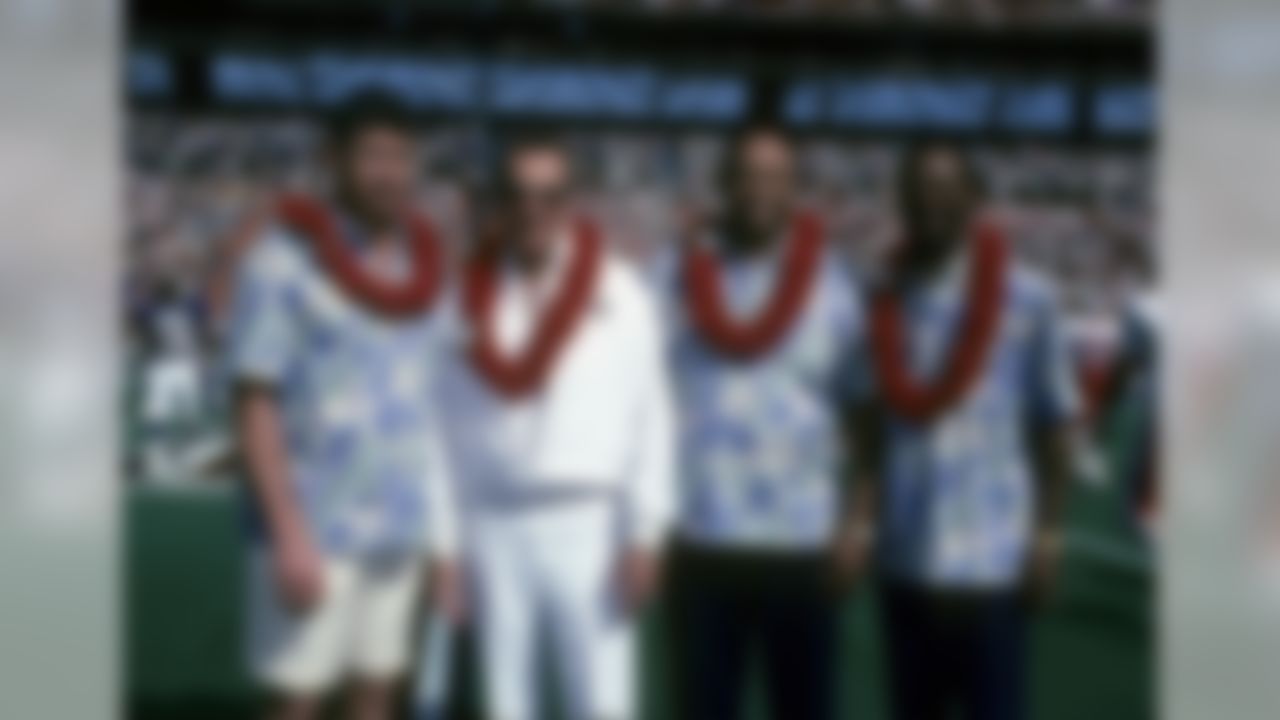 John Riggins, Al Davis, John Mackey, and Lem Barney are introduced as the Pro Football Hall of Fame Class of 1992 on the field before the NFC's 21-15 victory over the AFC in the 1992 NFL Pro Bowl played on Feb. 2, 1992 at Aloha Stadium in Honolulu, Hawaii. (National Football League)
