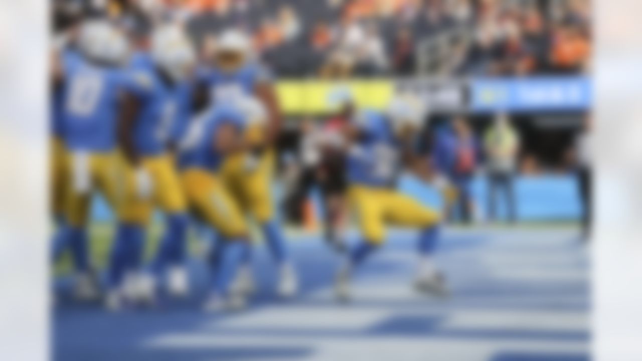 Los Angeles Chargers running back Austin Ekeler (30) celebrates a touchdown during an NFL football game against the Denver Broncos on Sunday, January 2, 2022 in Inglewood, California.