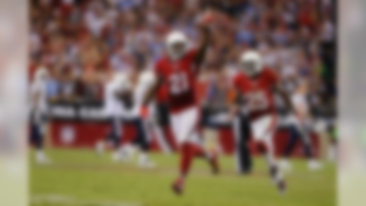 Arizona Cardinals cornerback Patrick Peterson (21) celebrates during the NFL week 1 game between the San Diego Chargers and the Arizona Cardinals on Monday, Sept. 8, 2014 at University of Phoenix Stadium in Glendale. (Ric Tapia/NFL)