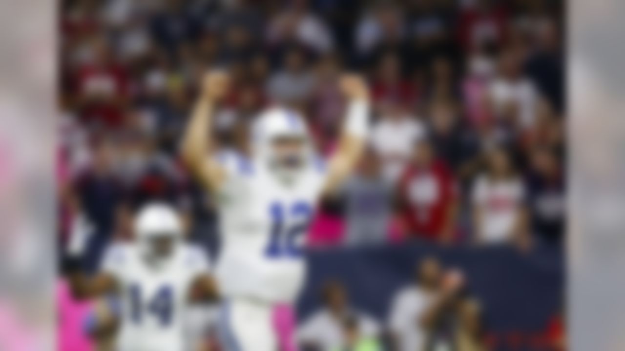 Indianapolis Colts quarterback Andrew Luck (12) celebrates after throwing a touchdown pass during an NFL football game against the Houston Texans at NRG Stadium on Thursday October 9, 2014 in Houston, Texas. Indianapolis won 33-28. (Aaron M. Sprecher/NFL)