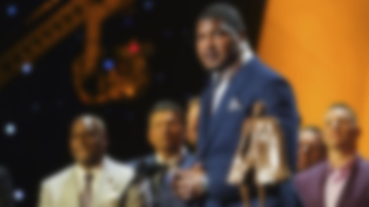 Jacksonville Jaguars defensive end Calais Campbell accepts the the Walter Payton NFL Man of the Year award during the 9th Annual NFL Honors at the Adrienne Arsht Center on Saturday, Feb. 1, 2020, in Miami.