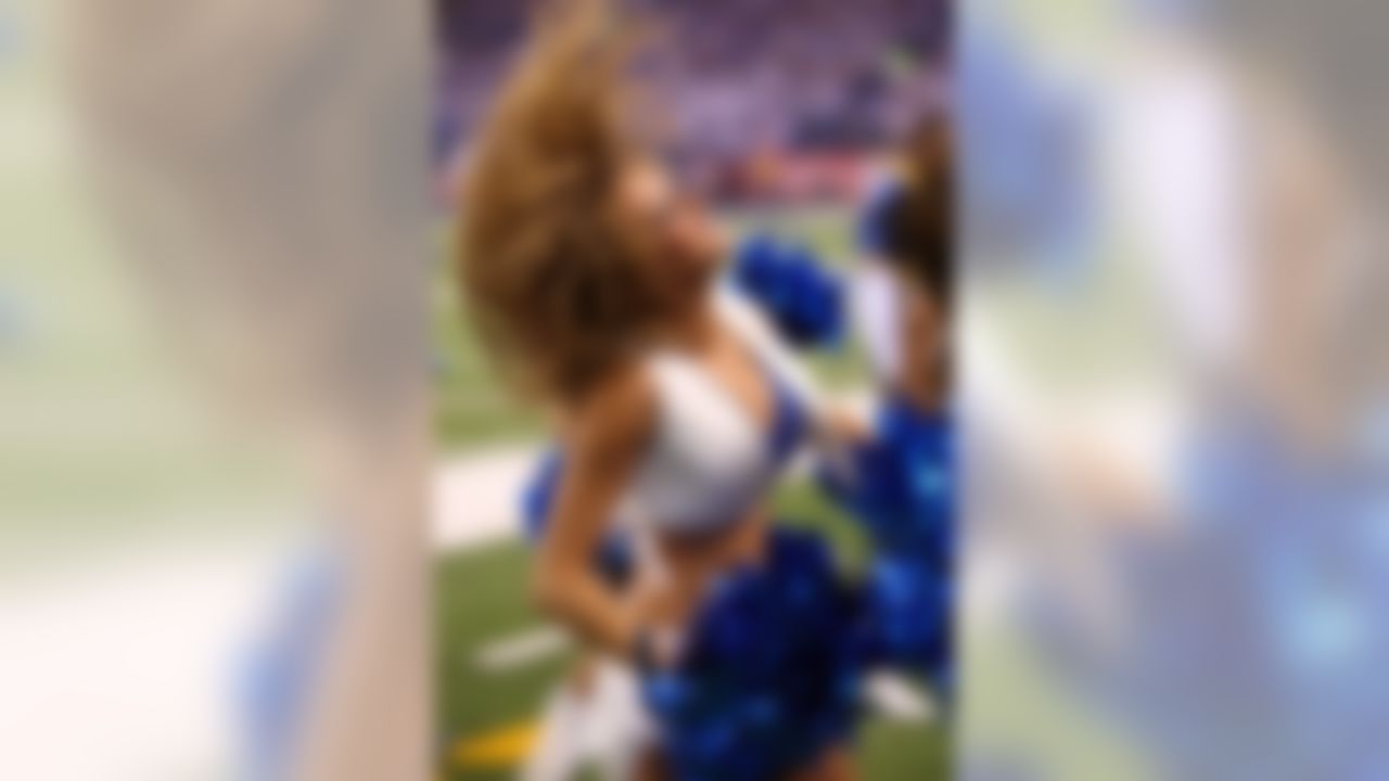 An Indianapolis Colts cheerleader does a hair flip during a dance routine at the AFC Championship football game against the New York Jets, January 24, 2010 in Indianapolis, Indiana. The Colts won the game 30-17. (AP Photo/Paul Spinelli)