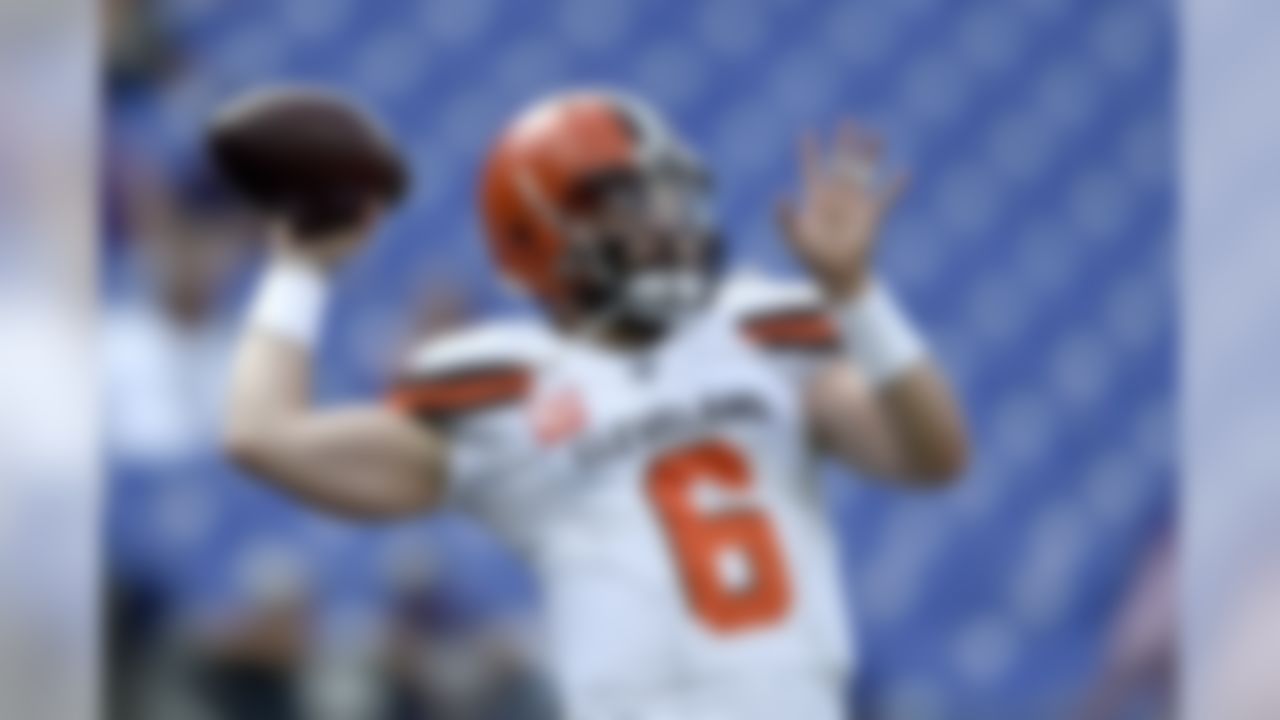 Cleveland Browns quarterback Baker Mayfield works out prior to an NFL football game against the Baltimore Ravens Sunday, Sept. 29, 2019, in Baltimore. (AP Photo/Gail Burton)