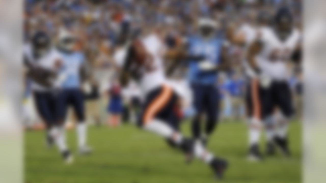 Chicago Bears running back Matt Forte (22) scores a touchdown on a 3-yard run against the Tennessee Titans in the first quarter of an NFL football preseason game Saturday, Aug. 27, 2011, in Nashville, Tenn. (AP Photo/Frederick Breedon)