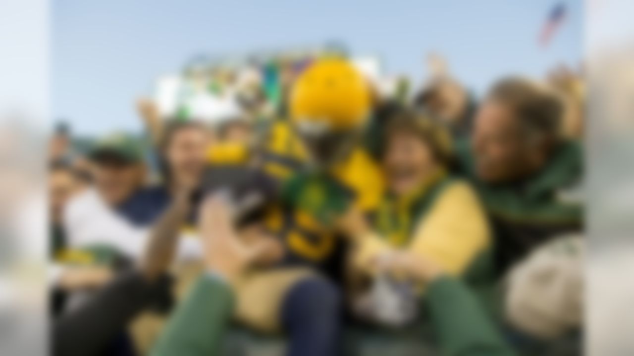 Green Bay Packers wide receiver James Jones (89) does a "Lambeau Leap" during  a NFL football game between the San Diego Chargers and the Green Bay Packers during week six on Sunday, Oct. 18, 2015 in Green Bay, Wis. The Packers beat the Chargers 27-20. (Todd Rosenberg/NFL)