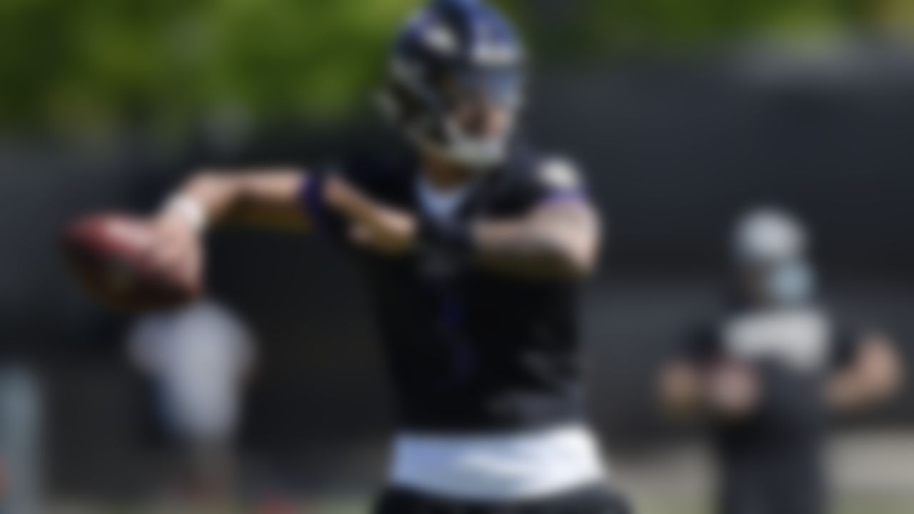 Baltimore Ravens rookie quarterback Kenji Bahar works out during NFL football rookie minicamp Saturday, May 15, 2021 in Owings Mills, Md.