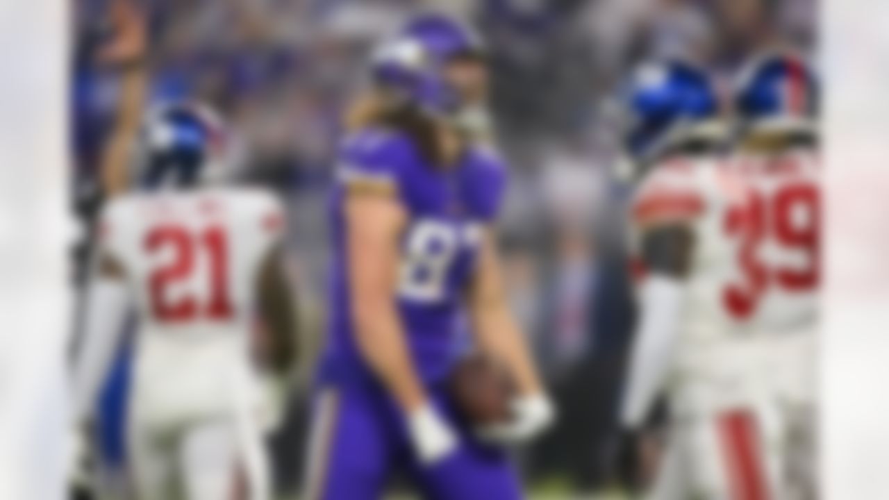 Minnesota Vikings tight end T.J. Hockenson (87) celebrates after making a play during an NFL Super Wild Card Weekend playoff game against the New York Giants on Sunday, January 15, 2023 in Minneapolis, Minnesota.