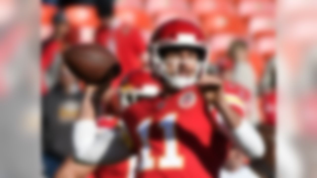 Kansas City Chiefs quarterback Alex Smith (11) throws during warmups before an NFL football game against the Oakland Raiders in Kansas City, Mo., Sunday, Dec. 10, 2017. (AP Photo/Ed Zurga)