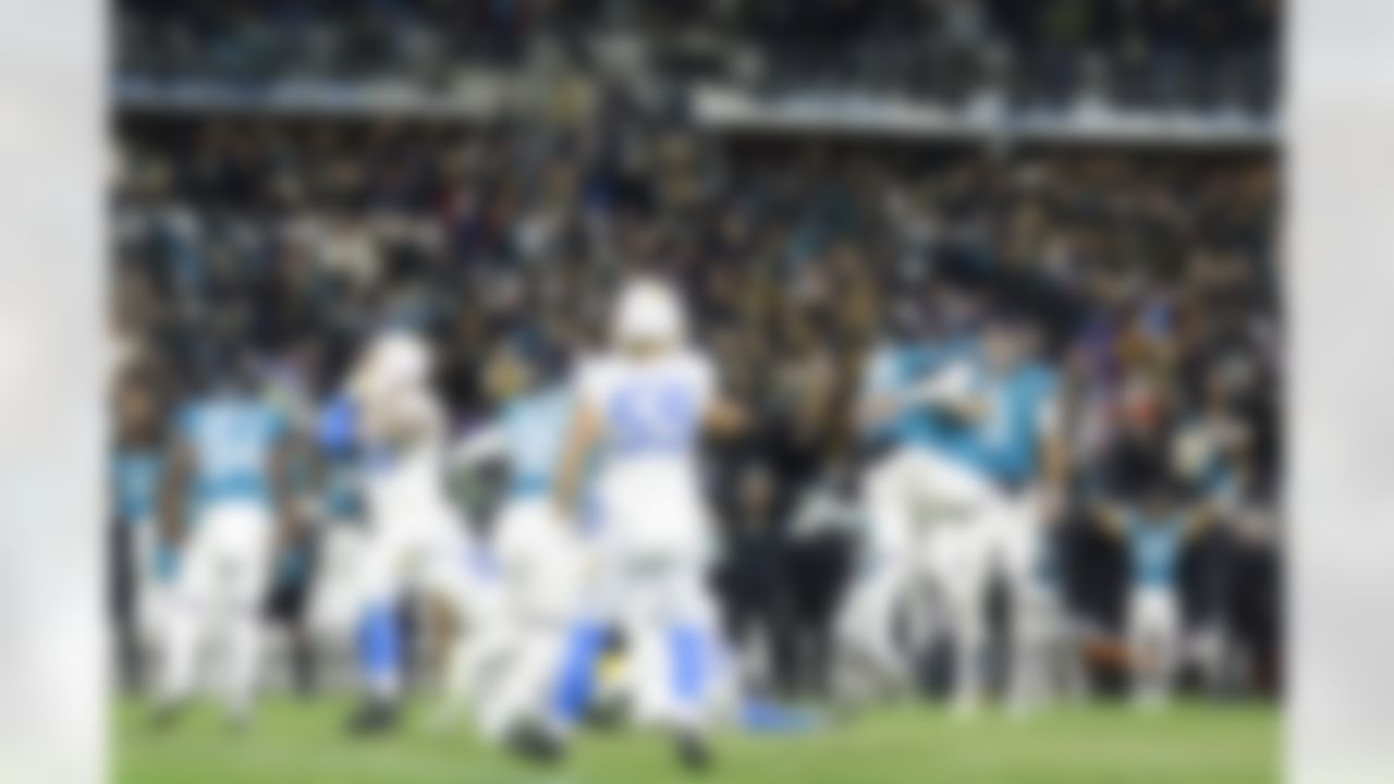 Jacksonville Jaguars place kicker Riley Patterson (10) celebrates after a field goal during an NFL Super Wild Card Weekend playoff game against the Los Angeles Chargers on Saturday, January 14, 2023 in Jacksonville, Florida.