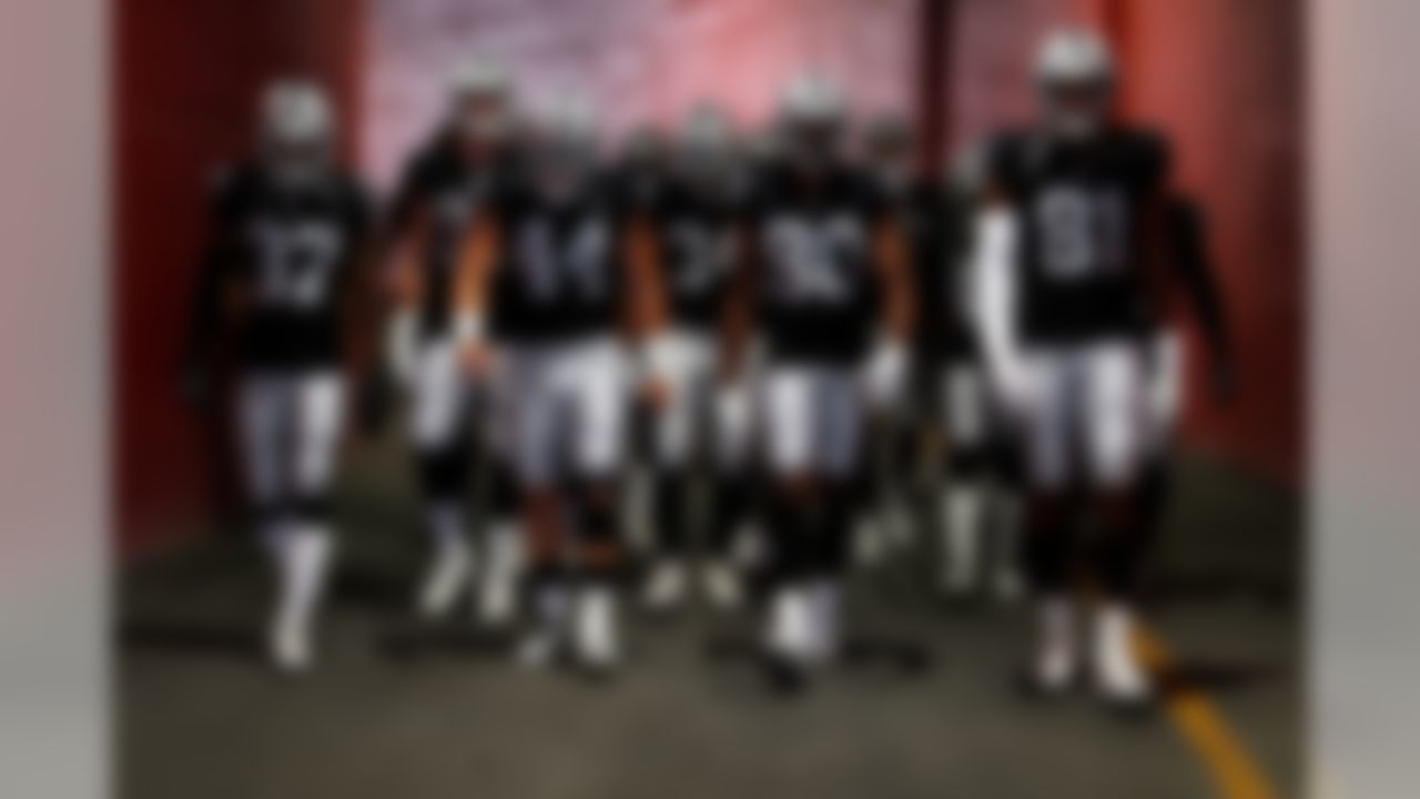 Oakland Raiders players in the tunnel before an NFL preseason football game against the Los Angeles Rams on Saturday, Aug. 18, 2018 in Los Angeles. (Ric Tapia/NFL)