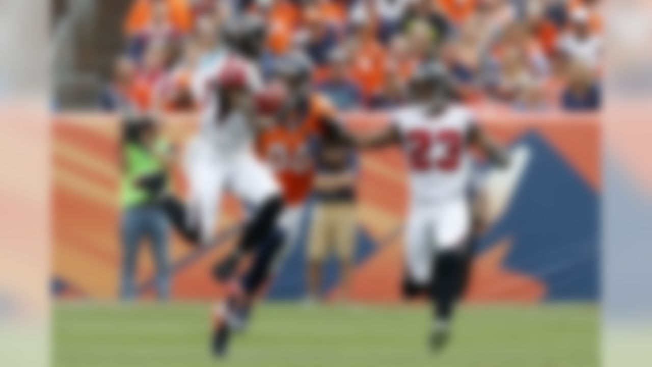 Atlanta Falcons free safety Ricardo Allen (37) intercepts a pass from Denver Broncos quarterback Paxton Lynch (12) during an NFL football game, Sunday, Oct. 9, 2016, in Denver. The Falcons defeated the Broncos, 23-16. (Ryan Kang/NFL)