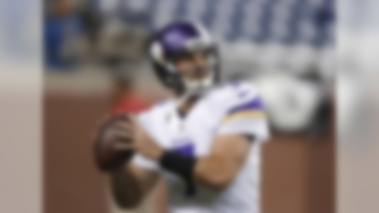 Minnesota Vikings quarterback Christian Ponder warms up before the Lions' NFL football game against the Detroit Lions at Ford Field in Detroit, Sunday, Sept. 8, 2013. (AP Photo/Carlos Osorio)