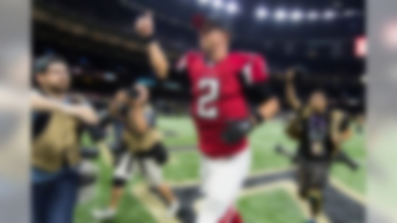 Atlanta Falcons quarterback Matt Ryan (2) celebrates as he leaves the field after the NFL regular season game against the New Orleans Saints on Monday, Sept. 26, 2016 in New Orleans. (Ric Tapia/NFL)