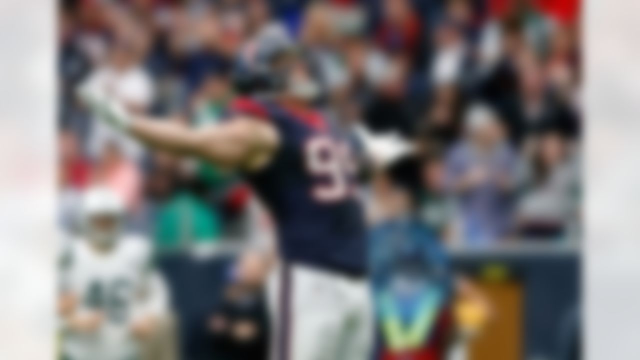 Houston Texans defensive end J.J. Watt (99) celebrates during an NFL football game against the New York Jets on Sunday, Nov. 22, 2015 in Houston. Houston won 24-17. (Aaron M. Sprecher via AP)