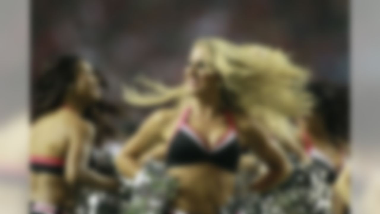 An Atlanta Falcons cheerleader performs during a game against the Denver Broncos in an NFL football game at Georgia Dome on Monday, Sept. 17, 2012 in Atlanta. (Perry Knotts/NFL)