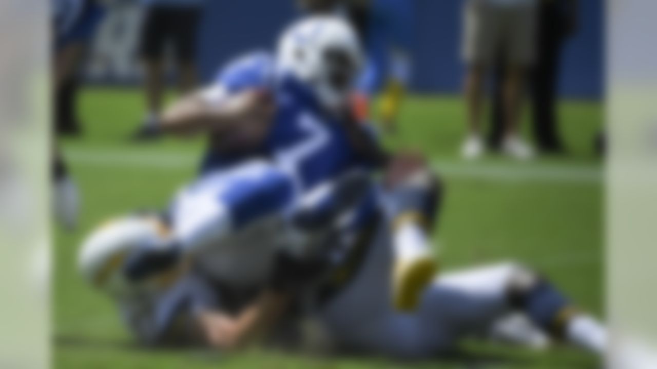 Indianapolis Colts quarterback Jacoby Brissett is sacked by Los Angeles Chargers defensive end Joey Bosa during the first half in an NFL football game Sunday, Sept. 8, 2019, in Carson, Calif. (AP Photo/Mark J. Terrill)