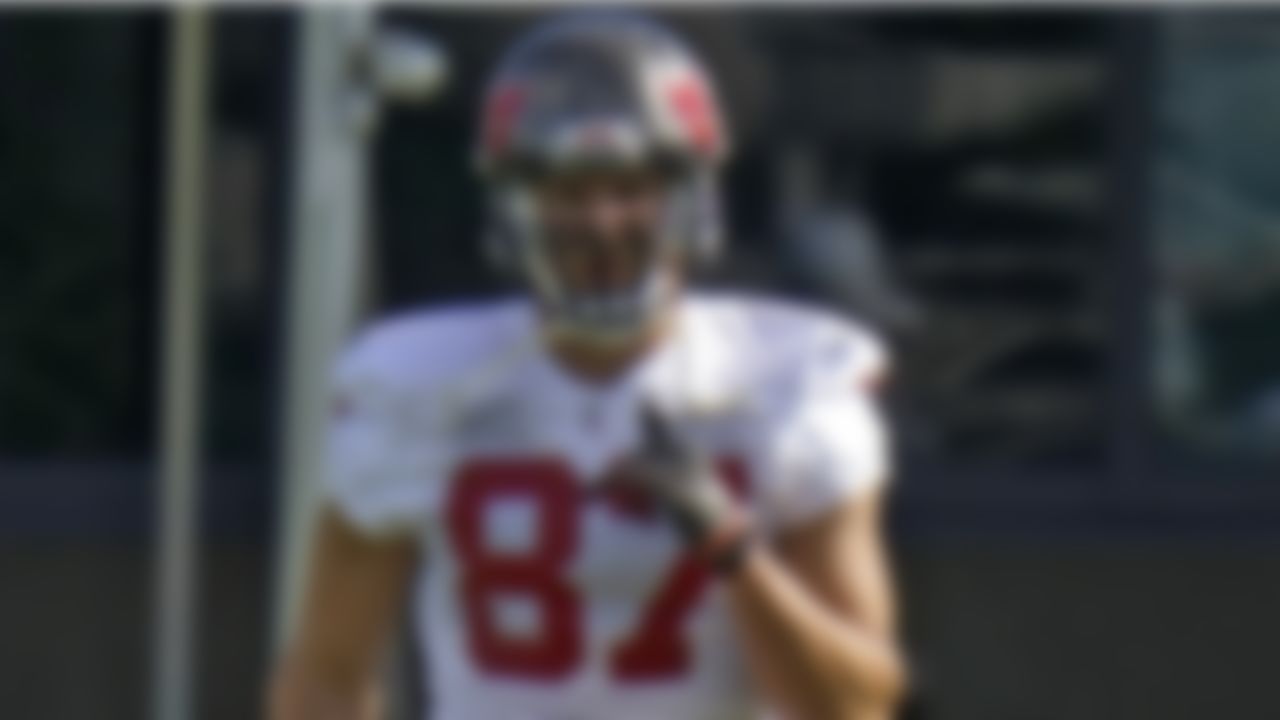 Tampa Bay Buccaneers tight end Rob Gronkowski (87) stretches during an NFL football minicamp Tuesday, June 8, 2021, in Tampa, Fla.