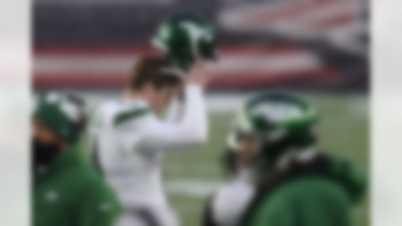 New York Jets quarterback Sam Darnold reacts after throwing an interception in the end zone in the second half of an NFL football game against the New England Patriots, Sunday, Jan. 3, 2021, in Foxborough, Mass.