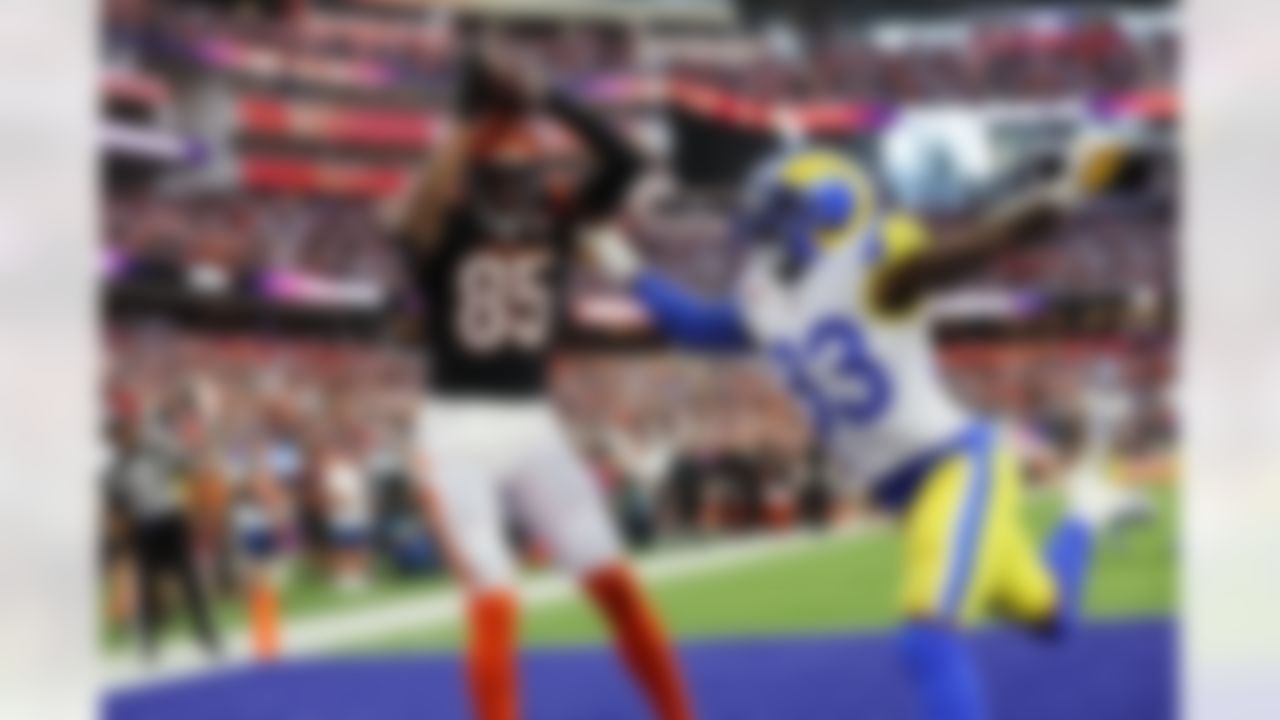 Cincinnati Bengals wide receiver Tee Higgins (85) catches the ball for a touchdown during Super Bowl LVI against the Los Angeles Rams on Sunday, February 13, 2022 in Inglewood, California.