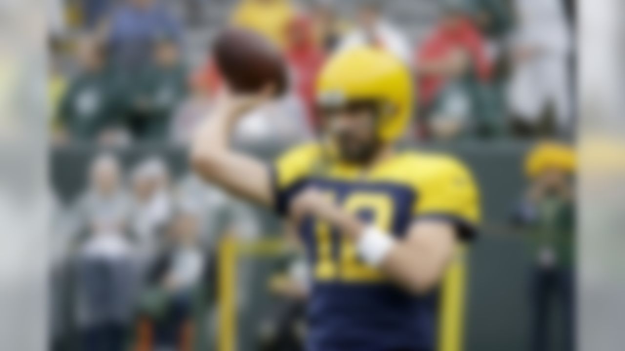 Green Bay Packers quarterback Aaron Rodgers warms up before the start of an NFL football game against the Denver Broncos, Sunday, Sept. 22, 2019, in Green Bay, Wis. (AP Photo/Mike Roemer)