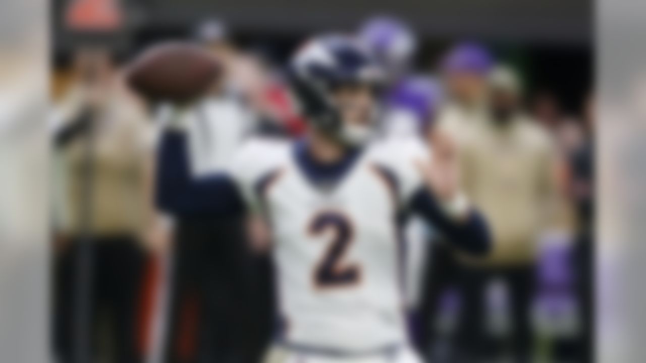 Denver Broncos quarterback Brandon Allen prepares to throw a pass during the first half of an NFL football game against the Minnesota Vikings, Sunday, Nov. 17, 2019, in Minneapolis. (AP Photo/Jim Mone)