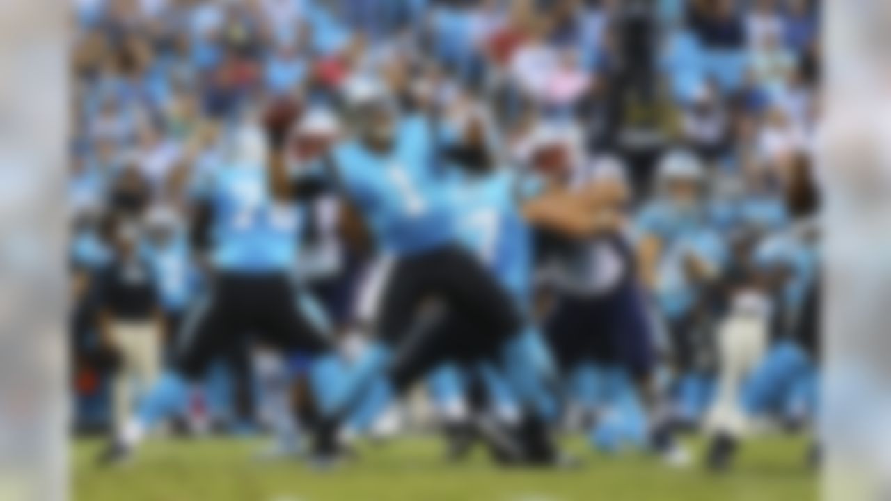 Carolina Panthers quarterback Cam Newton (1) throws a pass during an NFL preseason game against the New England Patriots, Friday, Aug. 24th, 2018 in Charlotte, North Carolina.  (Logan Bowles / NFL)