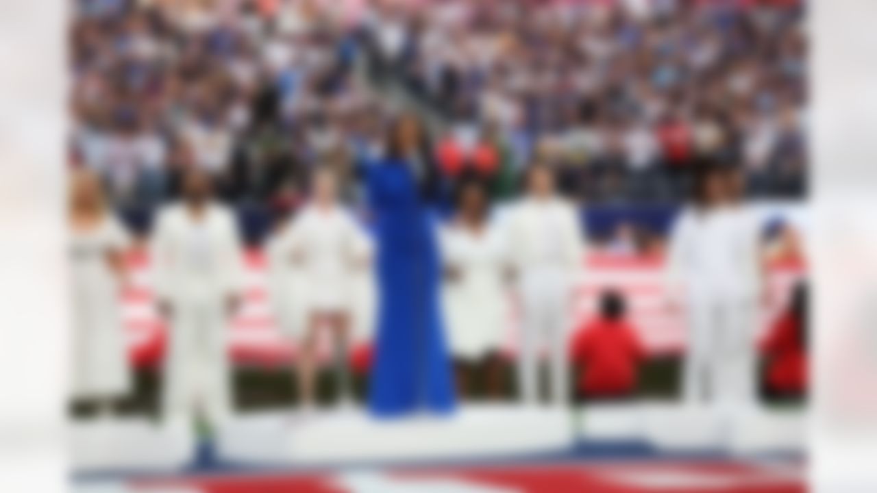 Singer Mickey Guyton signs the national anthem prior to Super Bowl LVI between the Los Angeles Rams and the Cincinnati Bengals on Sunday, February 13, 2022 in Inglewood, California.