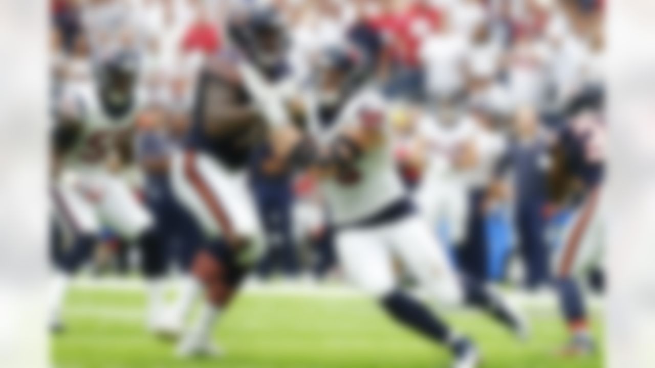 Houston Texans defensive end J.J. Watt (99) rushes against lineman Bobbie Massie (70) during a Week 1 NFL football game against the Chicago Bears on Sunday, Sept. 11, 2016 in Houston. The Texans beat the Bears 23-14. (Matt Patterson via AP)