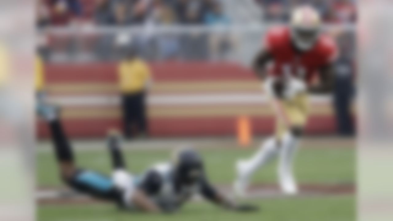 San Francisco 49ers wide receiver Marquise Goodwin (11) runs past Jacksonville Jaguars cornerback Jalen Ramsey (20) during the first half of an NFL football game in Santa Clara, Calif., Sunday, Dec. 24, 2017. (AP Photo/Marcio Jose Sanchez)