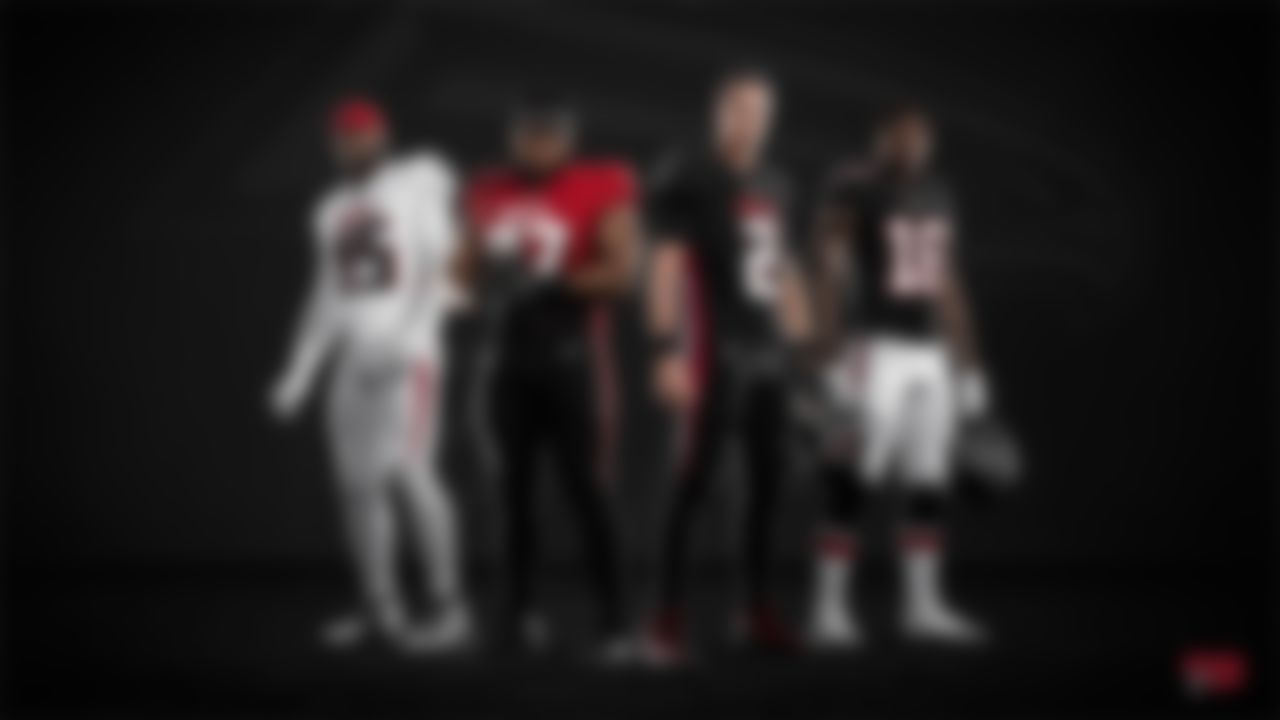 Atlanta Falcons linebacker Deion Jones (45), defensive tackle Grady Jarrett (97), quarterback Matt Ryan (2), and wide receiver Calvin Ridley in the new Falcons 2020 uniforms.