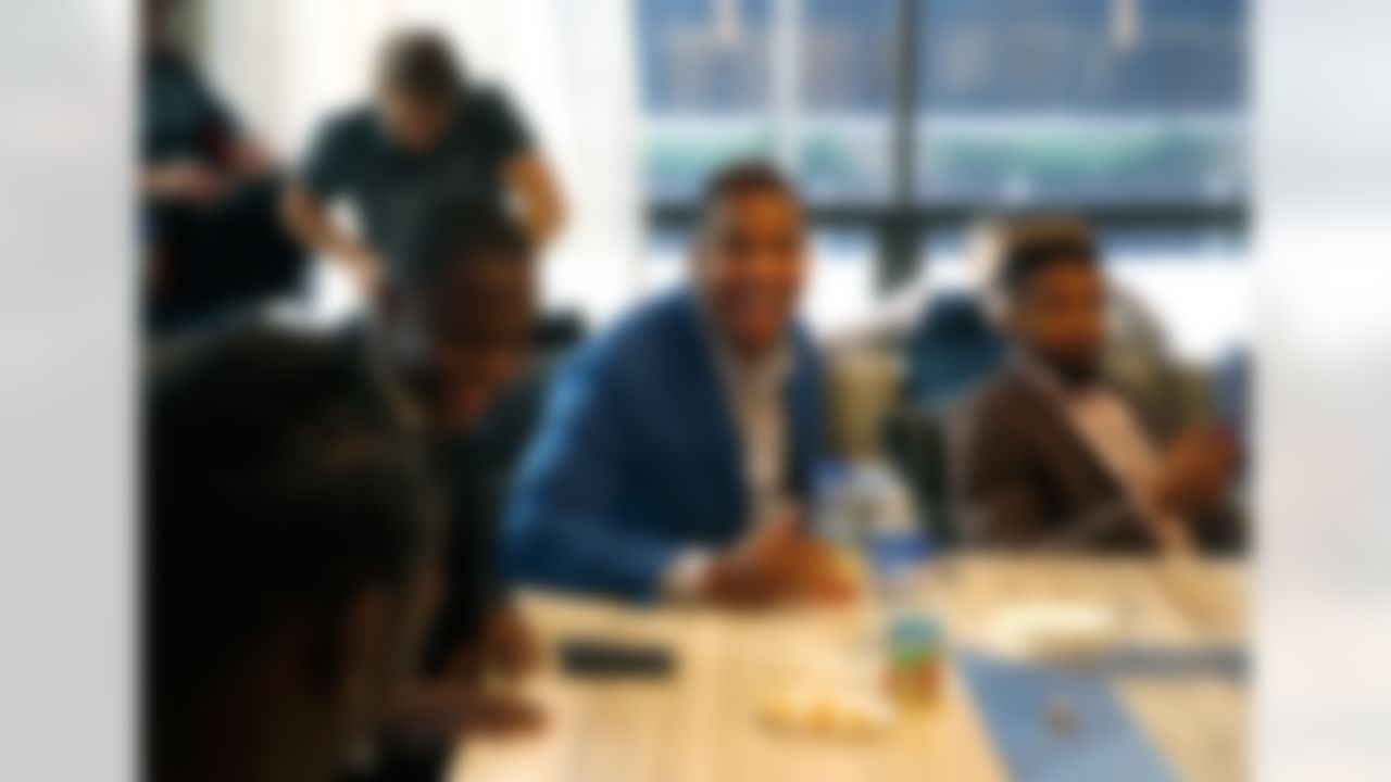 Eric Ebron shares laughs with Teddy Bridgewater during a stop in the Commissioner's office prior to the 2014 NFL Draft at Radio City Music Hall on May 8, 2014 in New York, NY. (Ben Liebenberg/NFL)