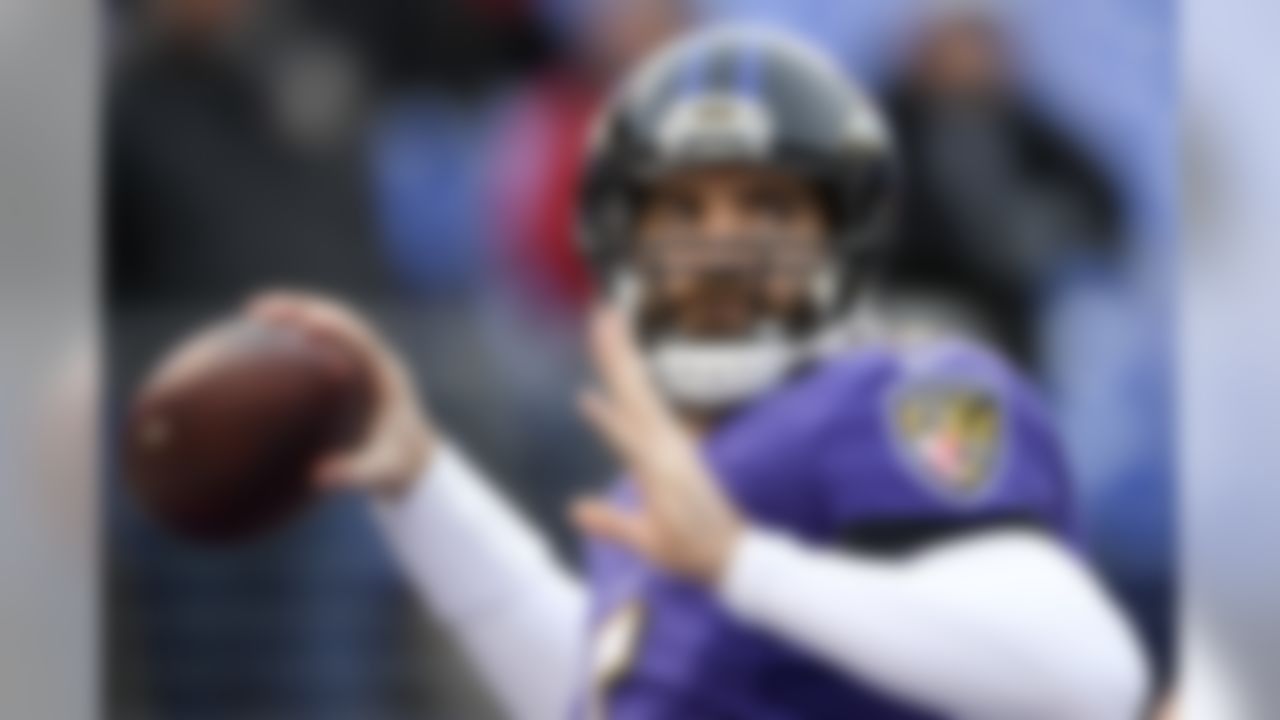 Baltimore Ravens quarterback Joe Flacco (5) warms up before an NFL football game against the Cincinnati Bengals in Baltimore, Sunday, Dec 31, 2017. (AP Photo/Nick Wass)