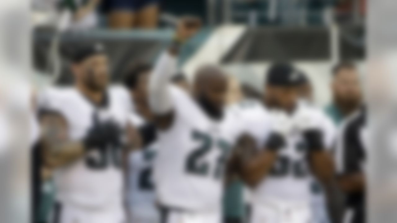 Philadelphia Eagles' Malcolm Jenkins raises his fist during the national anthem before the team's NFL preseason football game against the Buffalo Bills, Thursday, Aug. 17, 2017, in Philadelphia. (AP Photo/Matt Rourke)