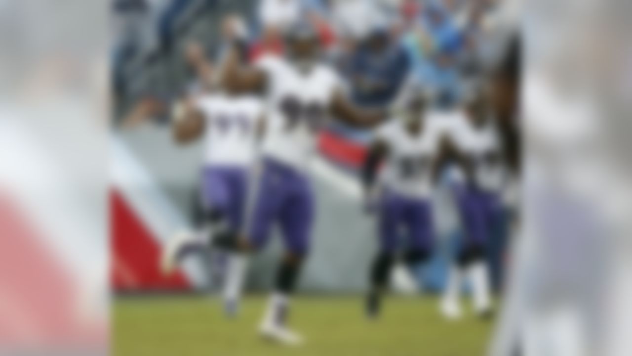 Baltimore Ravens linebacker Za'Darius Smith (90) celebrates after sacking Tennessee Titans quarterback Marcus Mariota and forcing a fumble in the first half of an NFL football game Sunday, Oct. 14, 2018, in Nashville, Tenn. The Titans recovered the ball on the play. (AP Photo/Wade Payne)