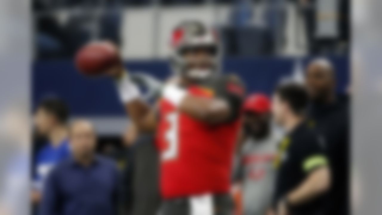 Tampa Bay Buccaneers quarterback Jameis Winston (3) throws as pass as he warms up before an NFL football game against the Dallas Cowboys in Arlington, Texas, Sunday, Dec. 23, 2018. (AP Photo/Michael Ainsworth)