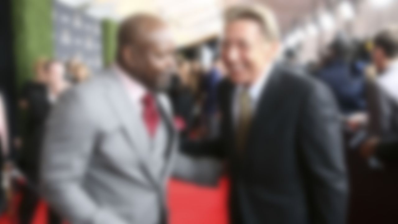 Dallas Cowboys Hall of Famer Emmitt Smith greets New York Jets Hall of Famer Joe Namath at the 3rd Annual NFL Honors awards show at Radio City Music Hall on February 1, 2014 in New York, NY.