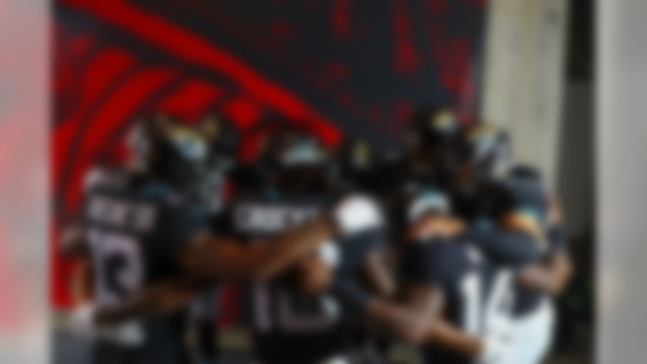 Jacksonville Jaguars players huddle before an NFL preseason game against the Tampa Bay Buccaneers Thursday, Aug. 30th, 2018 in Tampa, Fla.