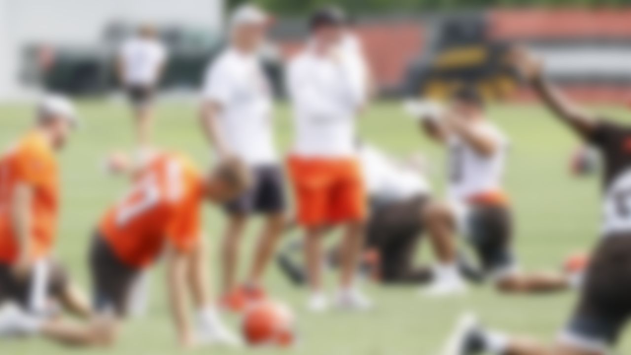 Cleveland Browns head coach Kevin Stefanski, right, talks with owner Jimmy Haslam during an NFL football practice at the team's training facility Wednesday, June 9, 2021, in Berea, Ohio.
