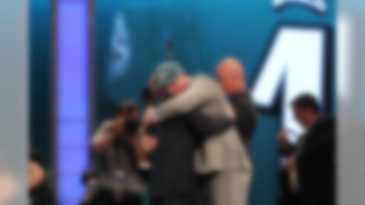 University of Oklahoma offensive tackle Lane Johnson hugs Commissioner Roger Goodell after being selected by the Philadelphia Eagles during the 2013 NFL Draft on April 25, 2013 at Radio City Music Hall in New York, NY. (Alix Drawec/NFL)