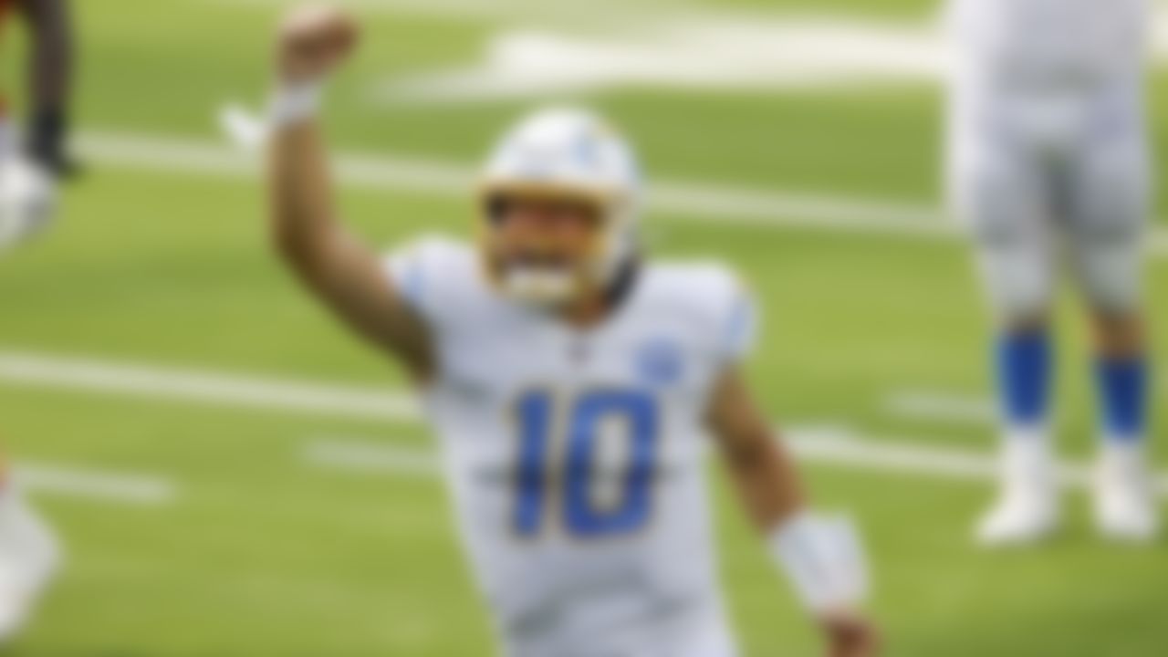 Los Angeles Chargers quarterback Justin Herbert (10) celebrates a touchdown during the football game against the Kansas City Chiefs.