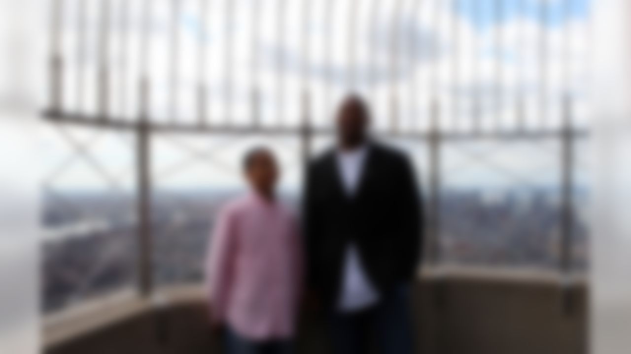 Bryson Merriweather and Aaron Curry share a laugh at the Empire State building in New York City on April 23, 2009. (Photo by Ben Liebenberg/NFL.com)