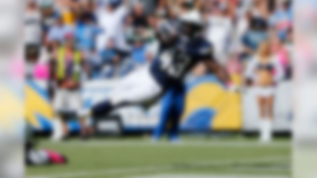 San Diego Chargers running back Branden Oliver (43) touchdown run during the NFL week 5 game between the New York Jets and the San Diego Chargers on Sunday, Oct. 5, 2014 at Qualcomm Stadium in San Diego. (Ric Tapia/NFL)