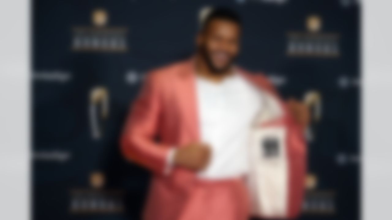 Los Angeles Rams defensive tackle Aaron Donald poses on the red carpet during the NFL Honors football awards show Wednesday, Feb. 3, 2021, in Los Angeles.