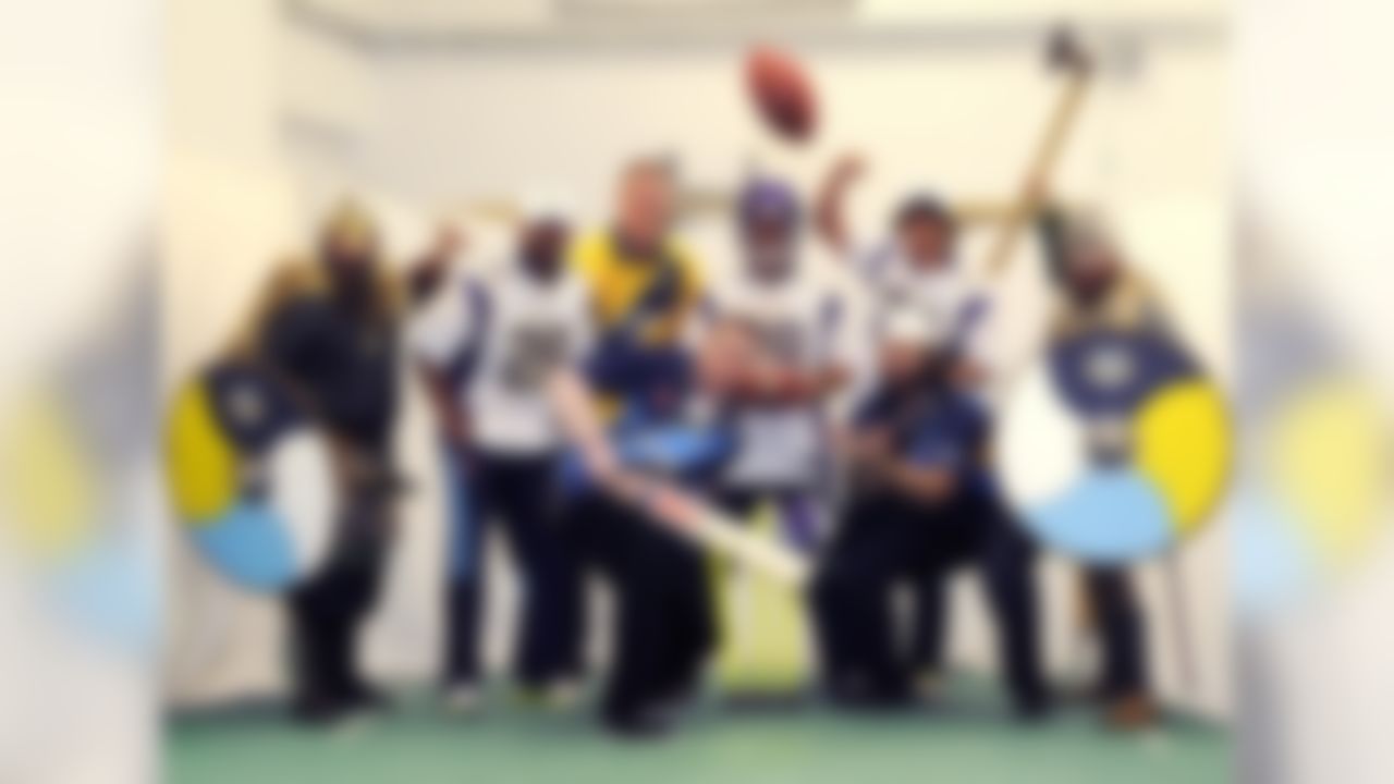 Minnesota Vikings players meet up with cricket's Yorkshire Vikings at Headingley Cricket Ground Indoor Nets on March 27, 2013.  Back row from left to right, Liam Plunkett, Kyle Rudolph, Phil Jaques, and Jack Brooks.  Front row, left to right, Harrison Smith, and John Sullivan. (Dave Shopland/NFL)