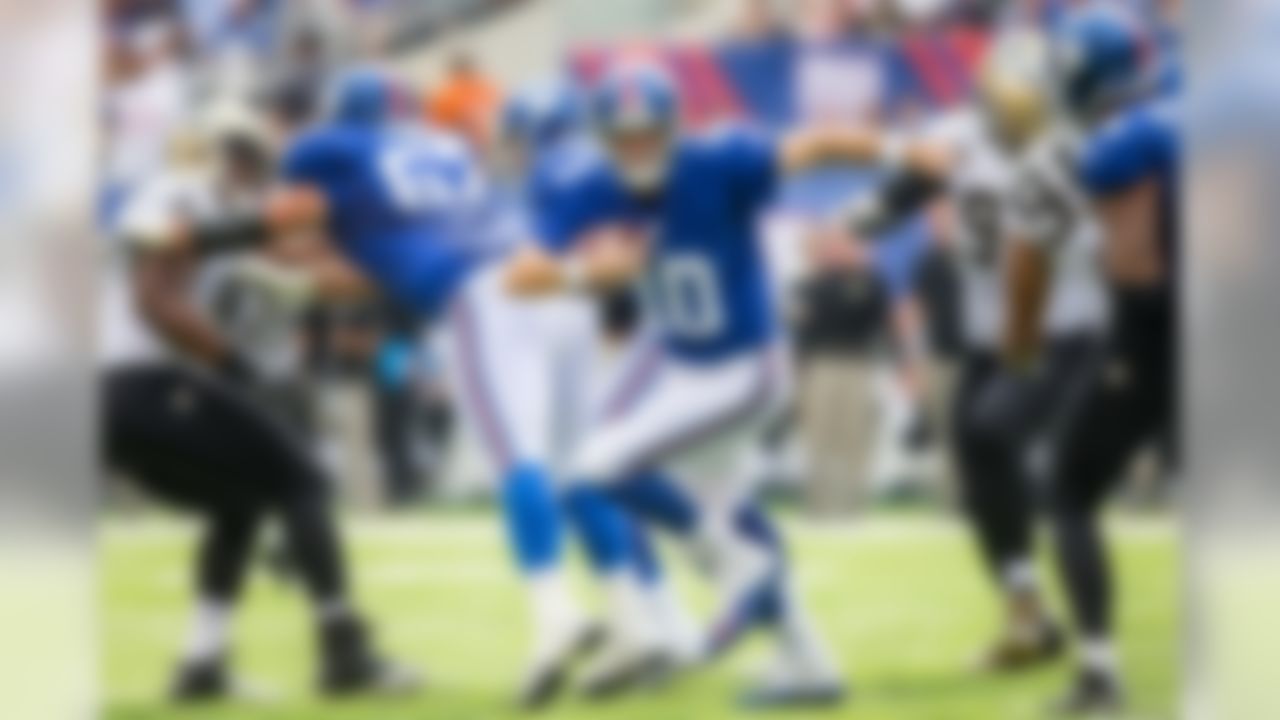 New York Giants quarterback Eli Manning (10) scrambles out of the pocket during a NFL football game between the New Orleans Saints and the New York Giants during week 2 on Sunday, September 19, 2016 in East Rutherford.  (Todd Rosenberg/NFL)